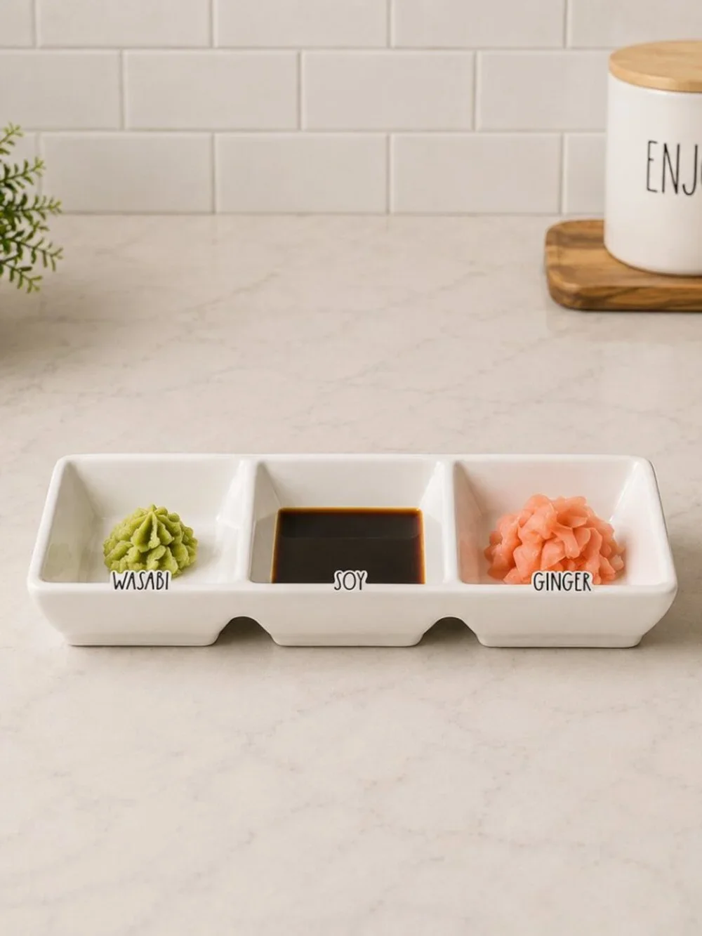 Rae Dunn Sushi Condiment Tray Wasabi Soy Ginger Ceramic NWT